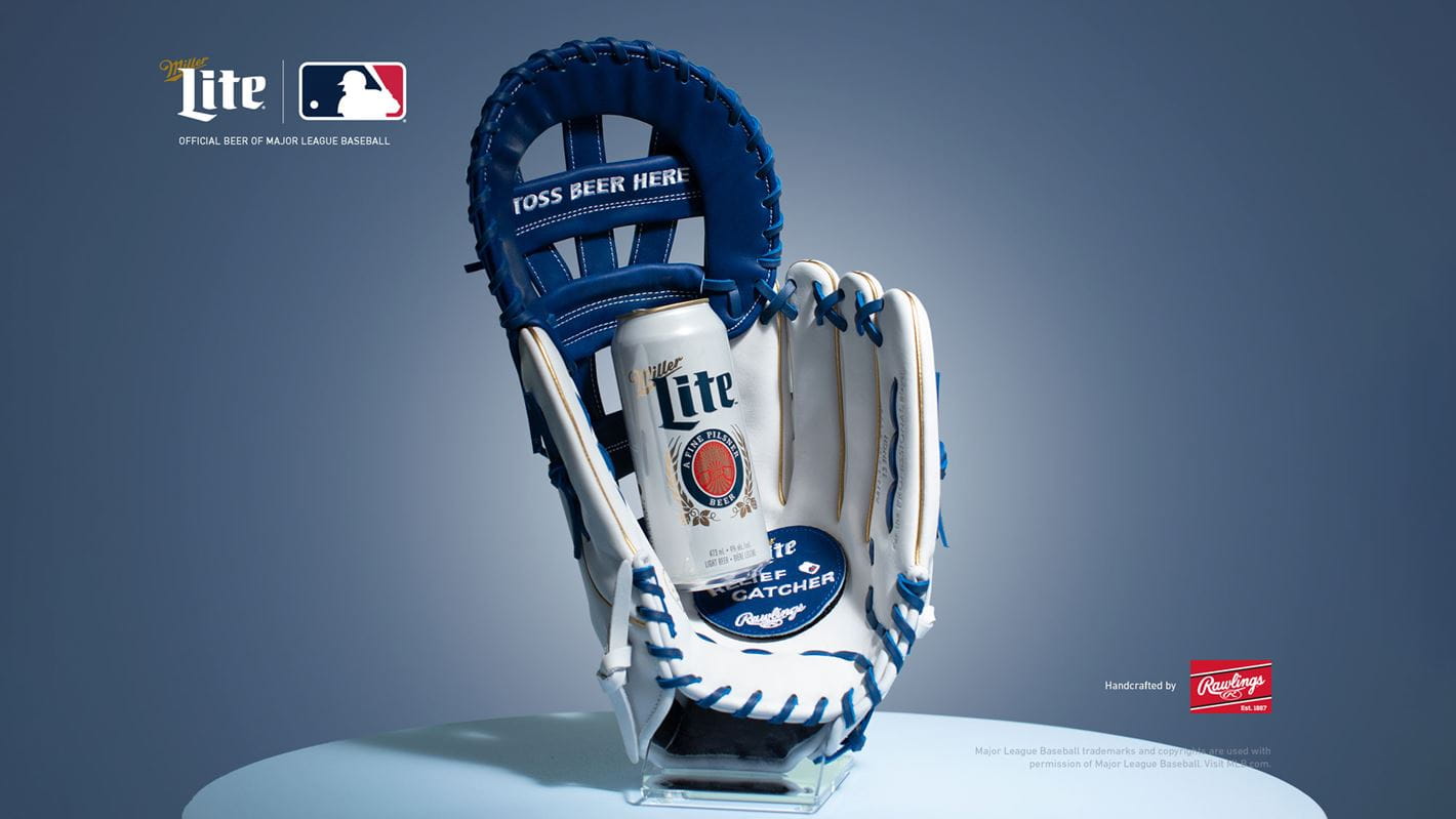 Miller Lite baseball glove with beer can inside