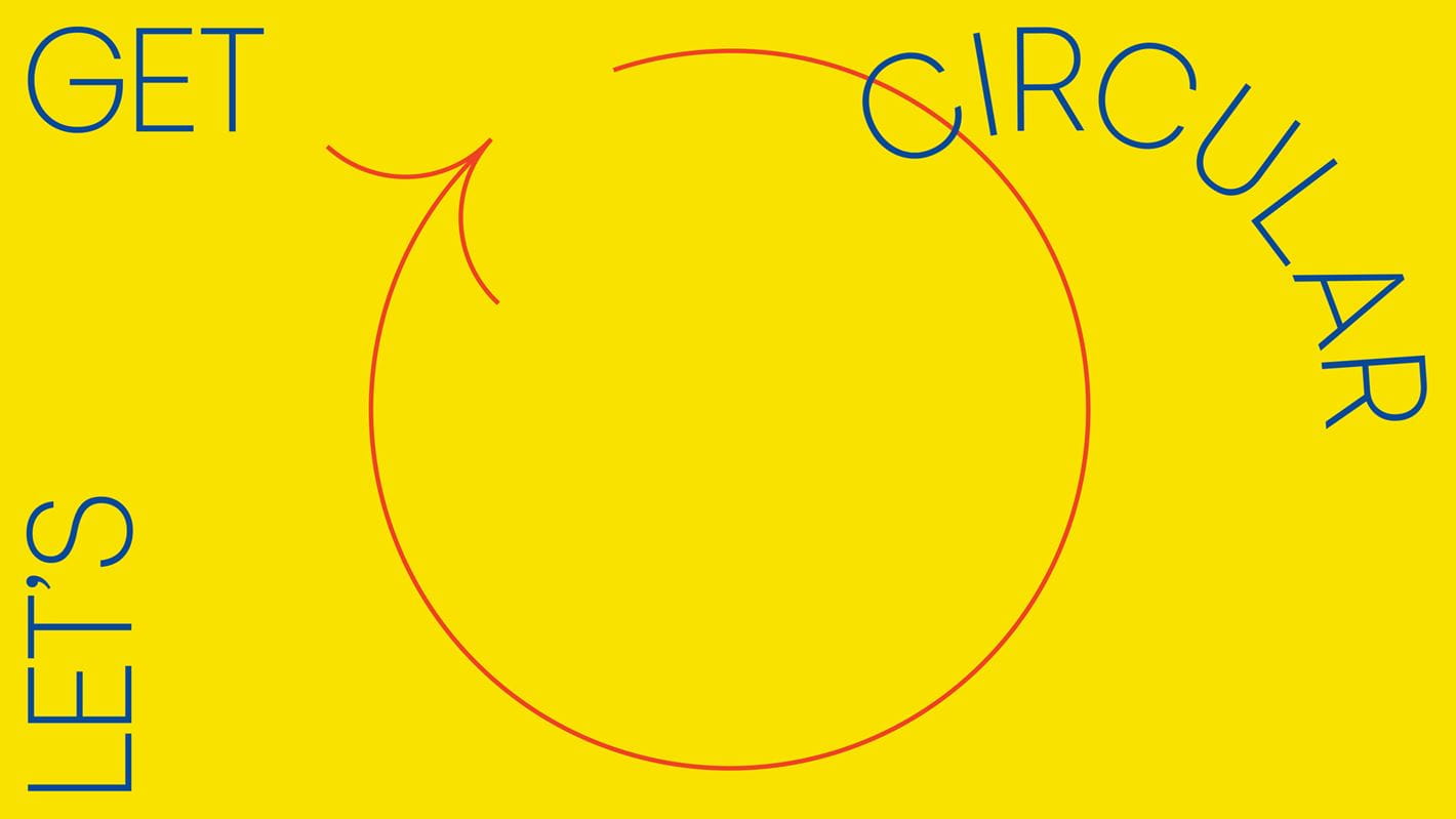 image written let's get circular with red circular arrow on yellow background