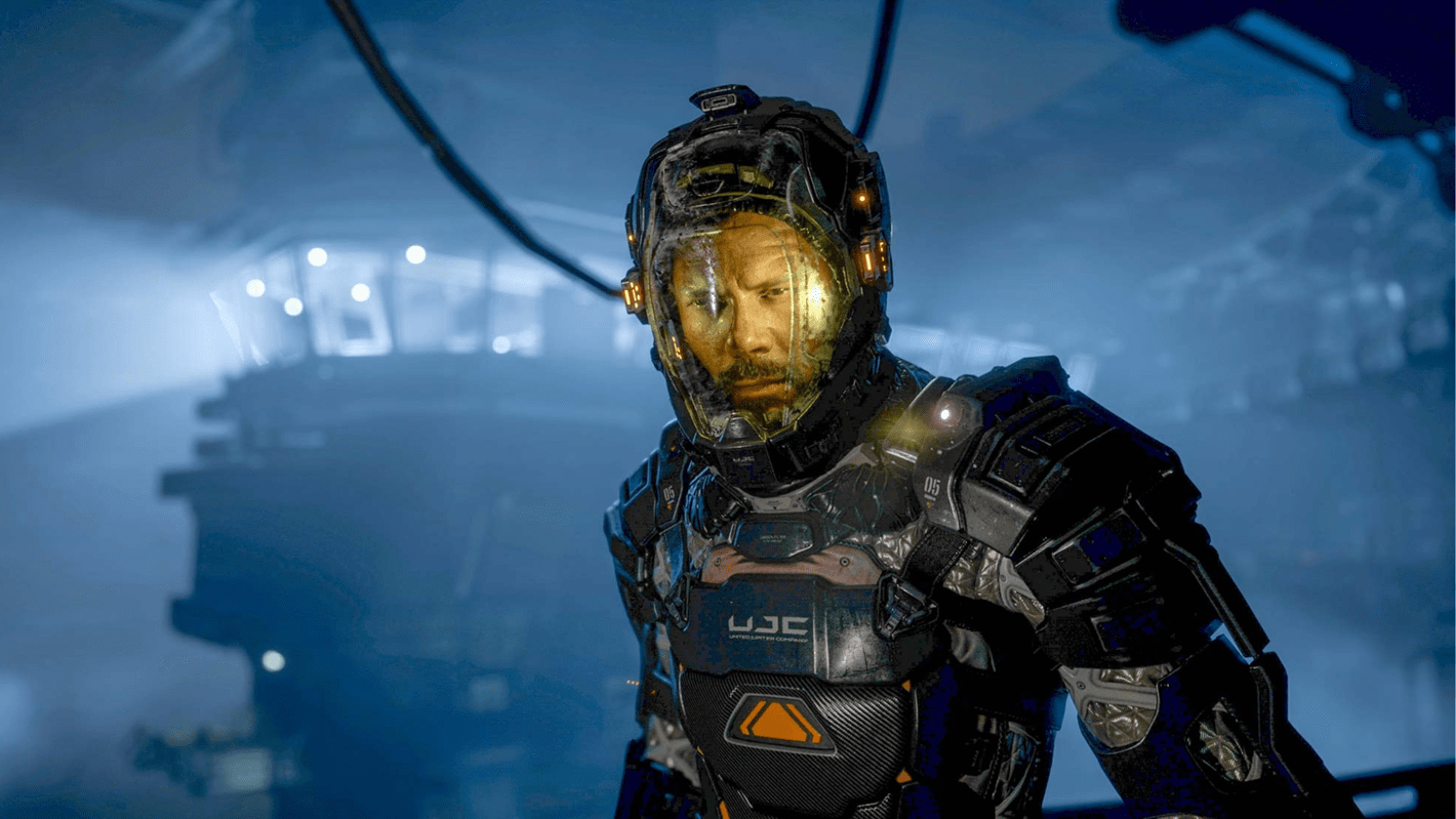 Josh Duhamel as Jacob Lee, dressed in Sci-Fi attire in The Callisto Protocol videogame.
